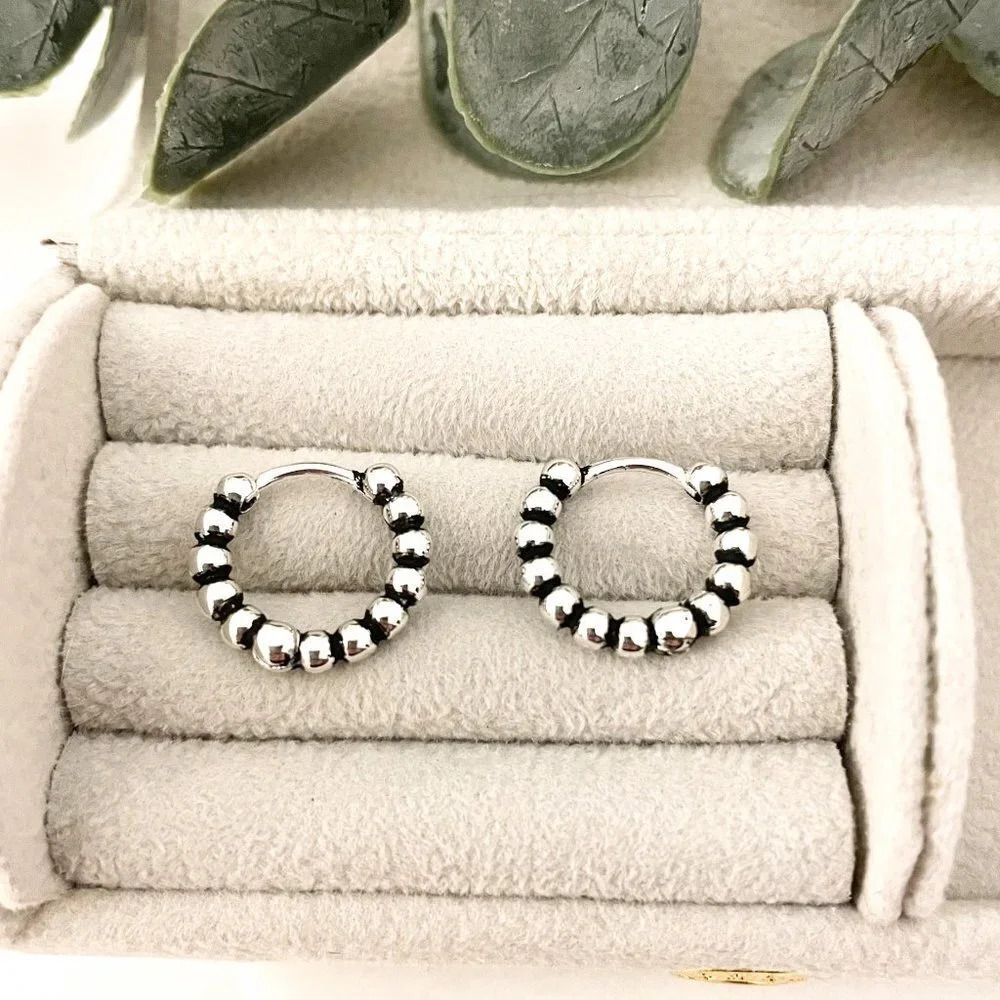 925 Sterling Silver Small Hoop Earrings Bead Earrings 14 mm Small Hoops